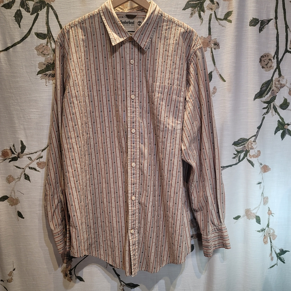 Timberland Men's Relaxed Fit Neutral Tone Stripe Button-down Shirt Sz XXL